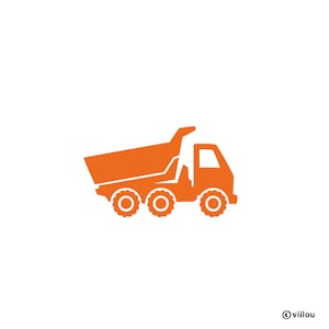 May include: Orange silhouette of a dump truck with four wheels.