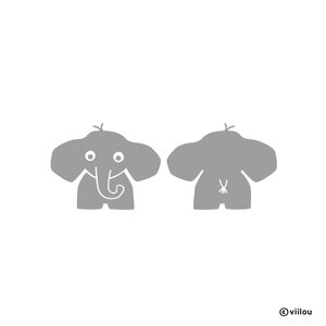 Könnte beinhalten: Eine graue Elefanten-Silhouette mit einem weißen Umriss von Gesicht und Schwanz. Der Elefant ist von vorne und hinten dargestellt.