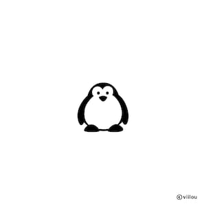 Può includere: Illustrazione minimalista di un pinguino in bianco e nero. Il pinguino ha un corpo arrotondato, piedini e un ventre bianco. L'immagine è su sfondo bianco.