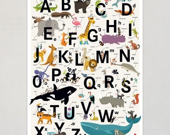 ABC Poster ENGLISCH Alphabet Plakat Tiere A bis Z Kinderzimmer Illustration Lernposter Kinder Tieralphabet Poster Buchstaben Plakate