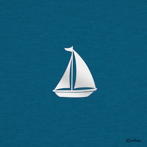 Puede incluir: Una silueta blanca de un velero sobre un fondo azul sólido.