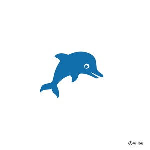 Peut inclure: Une silhouette bleue d'un dauphin sautant hors de l'eau. Le dauphin a un œil blanc et un petit sourire.