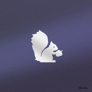 May include: A white silhouette of a squirrel holding a nut on a purple background.