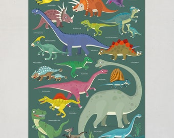 Poster Affiches de dinosaures Affiche pour chambre d'enfant Illustration de dinosaures Noms de dinosaures Affiche d'apprentissage pour enfants Impressions de dinosaures T-Rex Triceratops