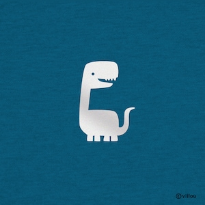 Puede incluir: Una silueta blanca de un dinosaurio sobre un fondo azul. El dinosaurio está mirando hacia el lado derecho de la imagen y tiene una cola pequeña.