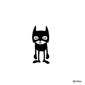 Può includere: Illustrazione in bianco e nero di un gatto che indossa una maschera da supereroe con gli occhi chiusi.