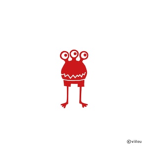 Könnte beinhalten: Roter Cartoon-Monster mit drei Augen und zwei Beinen. Das Monster hat einen gezackten Mund und eine weiße Umrandung.