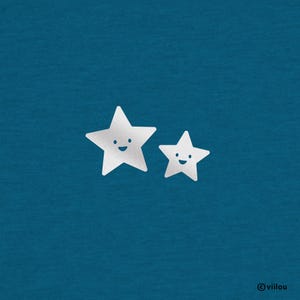 May include: Two white cartoon stars with smiling faces on a blue background. The stars are of different sizes, with the larger one on the left and the smaller one on the right. The background is a solid, textured blue.