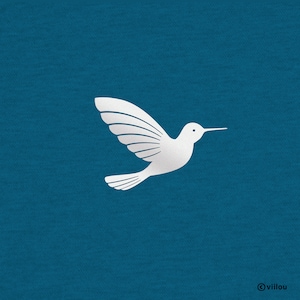 May include: A white silhouette of a hummingbird with its wings spread out against a solid blue background.