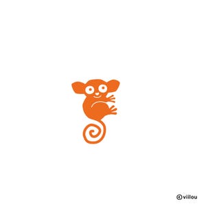 Puede incluir: Una ilustración gráfica de color naranja brillante de un tarsero con grandes ojos circulares, orejas prominentes y una larga cola enroscada. La criatura está representada en un estilo plano y simplificado. En la esquina inferior derecha se ve el texto viilou.