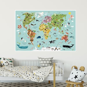 Weltkarte Poster Kinderzimmer Plakate Illustrationen Babyzimmer Prints Kinder Weltkarten Tiere Landkarten Kind Lernposter Kontinente Bild 5