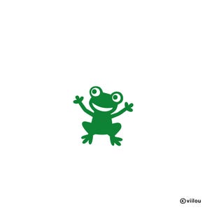 May include: A green frog silhouette with a smiling face and outstretched arms. The frog is depicted in a simple, cartoon style against a white background. The image has a playful and cheerful vibe.