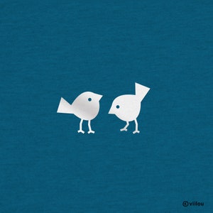 May include: Two white, stylized bird illustrations on a teal background. The birds are facing each other, with simple geometric shapes forming their bodies, wings, and legs. The image has a minimalist design.