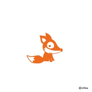 May include: A cartoon fox illustration in orange and white, set against a white background. The fox is depicted sitting, with its tail curled and head turned. It features a large eye and a small smile.