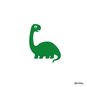 Op de afbeelding: Een groene cartoon-dinosaurus met een lange nek en een kleine staart. De dinosaurus heeft een wit oog en een kleine glimlach.