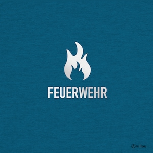 Puede incluir: Un gráfico de llama estilizado blanco con la palabra "FEUERWEHR" en texto blanco debajo sobre un fondo azul.