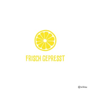 Puede incluir: Un gráfico de rodaja de limón amarillo con el texto "FRISCH GEPRESST" debajo.