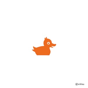 Könnte beinhalten: Orangefarbene Cartoon-Ente auf weißem Hintergrund. Die Ente hat ein rundes Auge, einen Schnabel und einen kleinen Haarschopf. Die Ente blickt nach rechts. Der Text "©viilou" befindet sich unten rechts.