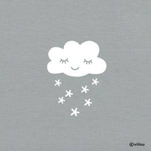 May include: A white cloud with a smiling face and closed eyes is shown on a gray background.  The cloud is raining white snowflakes.
