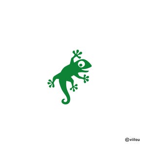 May include: A green gecko silhouette with a smiling face and a raised arm. The gecko is facing right and has a long tail.
