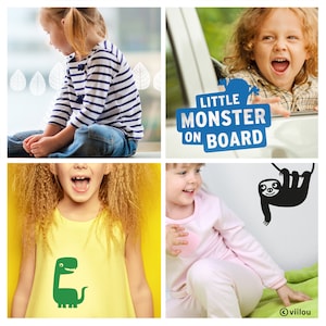 Puede incluir: Cuatro im&aacute;genes que muestran ni&ntilde;os usando ropa con dise&ntilde;os divertidos. La primera imagen muestra a un ni&ntilde;o usando una camisa a rayas y jeans azules. La segunda imagen muestra a un ni&ntilde;o en un autom&oacute;vil con un letrero azul que dice "Little Monster on Board". La tercera imagen muestra a un ni&ntilde;o usando una camisa amarilla con un dise&ntilde;o de dinosaurio verde. La cuarta imagen muestra a un ni&ntilde;o usando una camisa rosa con un dise&ntilde;o de perezoso negro.