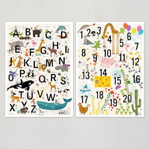 ABC Poster ZAHLEN Plakate Alphabet Prints Kinder Lernposter Buchstaben Tiere Illustration Zahlenposter Kinderzimmer Print Tieralphabet
