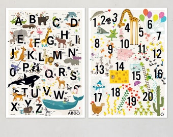 ABC Poster ZAHLEN Plakate Alphabet Poster Kinder Lernposter Buchstaben Tiere Illustration Zahlenposter Kinderzimmer Prints Tieralphabete