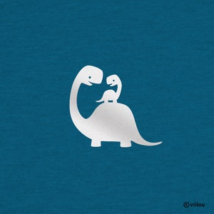 May include: A white silhouette of two dinosaurs, one larger than the other, on a teal blue background. The smaller dinosaur is riding on the back of the larger dinosaur.