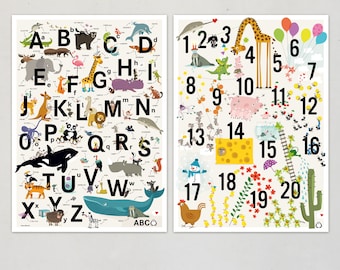 poster ABC + NUMBERS english learning posters counting poster numbers counting animals alphabet english prints letters illustration kids