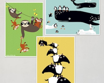 animals cards SET illustration whales postcards tapirs illustrated cards children illustrations sloths pictures