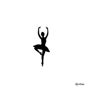 Könnte beinhalten: Schwarze Silhouette einer Ballerina in anmutiger Pose, Arme über dem Kopf erhoben, mit Tutu und Spitzenschuhen. Das Bild ist vor einem weißen Hintergrund platziert, was einen starken Kontrast erzeugt.