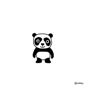 May include: A black and white cartoon panda bear with a smiling face. The panda is standing on a white background.