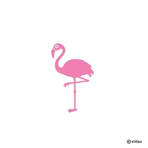 May include: A pink flamingo silhouette against a white backdrop. The flamingo is depicted standing on one leg, head turned with an open beak. The design is minimalist, with the flamingo as the central element. The artist's signature is in the bottom right corner.