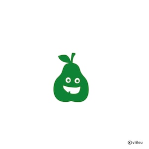 May include: A green pear-shaped graphic with a smiling face, two round eyes, and a single tooth. The pear has a small leaf at the top and is set against a white background. The image has a playful, cartoonish style.
