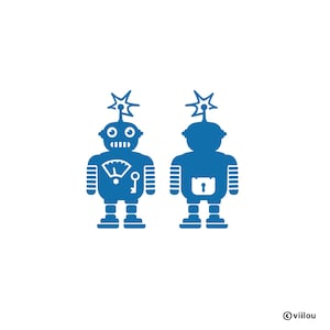 Puede incluir: Un robot azul con un agujero de cerradura en la espalda y un dial en el pecho. El robot está mirando hacia adelante y tiene una estrella en la cabeza. El robot está mirando hacia adelante y tiene una estrella en la cabeza. El robot está mirando hacia adelante y tiene una estrella en la cabeza.