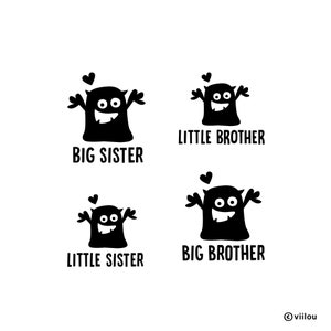 Könnte beinhalten: Schwarz-weiße Grafik mit vier Monster-Illustrationen. Jedes Monster hat ein Herz über sich und den Text: "BIG SISTER", "LITTLE BROTHER", "LITTLE SISTER" und "BIG BROTHER".
