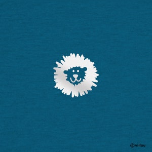 May include: A white lion face with a fluffy mane on a teal blue background.