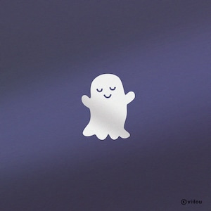 Könnte beinhalten: Eine Illustration eines weißen Geistes mit lächelndem Gesicht und ausgestreckten Armen, vor einem dunkelblauen Hintergrund. Der Geist hat ein einfaches, freundliches Design, ideal für Halloween- oder gruselige Artikel.