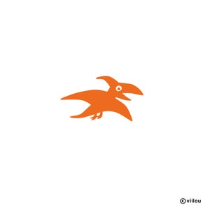 May include: Orange cartoon pterodactyl with a white eye flying in the air.