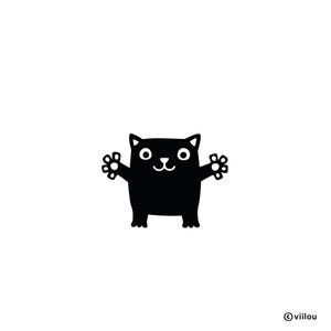 Könnte beinhalten: Schwarz-weiß-Illustration einer Cartoon-Katze mit großen Augen und einem breiten Lächeln. Die Katze steht auf allen Vieren mit ausgestreckten Armen.