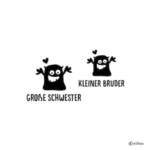 Puede incluir: Ilustración en blanco y negro de dos monstruos de dibujos animados con corazones sobre sus cabezas. El texto "Große Schwester" está debajo del monstruo de la izquierda y "Kleiner Bruder" está debajo del monstruo de la derecha.