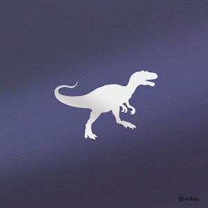 Op de afbeelding: Witte silhouet van een dinosaurus op een paarse achtergrond.