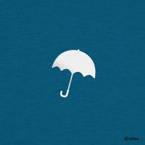 May include: A white silhouette of an umbrella against a solid blue background.