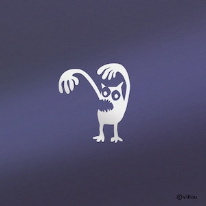 Op de afbeelding: Witte silhouet van een uil met zijn bek open en armen omhoog, op een paarse achtergrond.