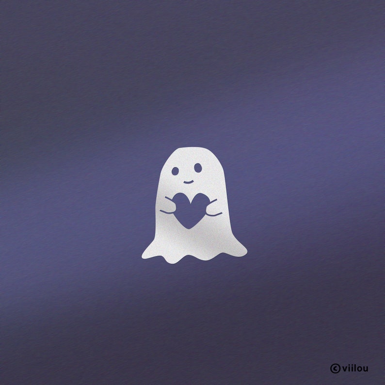 May include: A white ghost with a friendly face holds a purple heart in its hands against a purple background.