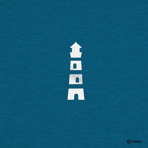 May include: A white silhouette of a lighthouse against a solid blue background.