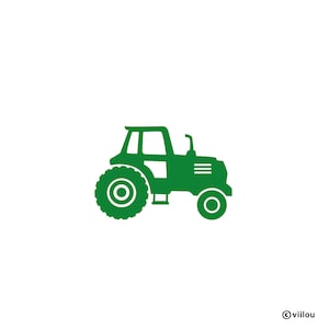 May include: A green silhouette of a tractor with large wheels. The tractor is facing to the right.