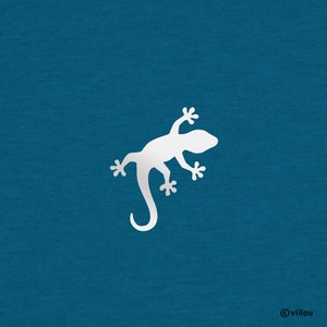 May include: A white silhouette of a gecko on a teal blue background.