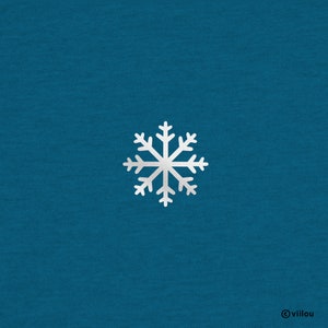 May include: A white snowflake on a teal blue background.