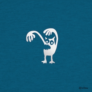 May include: A white silhouette of an owl with its wings outstretched, looking startled, on a teal blue background.